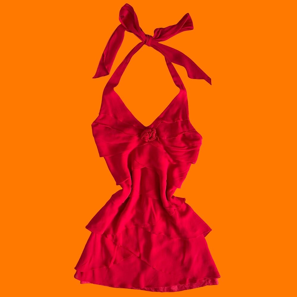 00's vintage red 100% silk ruffled romantic coquette y2k dress Size 4 cache